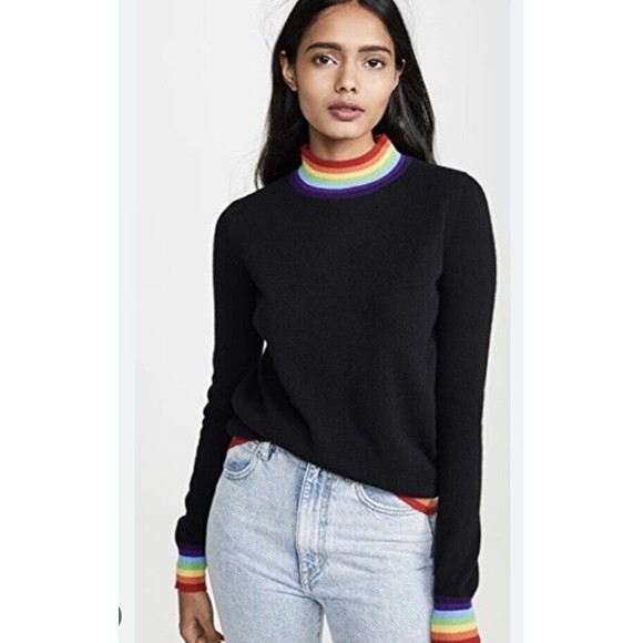 MADELEINE THOMPSON Sweaters - $370 Madeleine Thompson Bo Peep Mock Neck Rainbow Stripe Sweater Black Cashmere